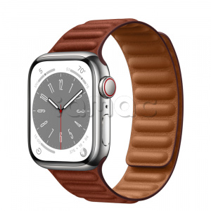 Купить Apple Watch Series 8 // 41мм GPS + Cellular // Корпус из нержавеющей стали серебристого цвета, кожаный браслет темно-коричневого цвета, размер ремешка M/L