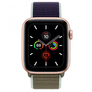 Apple Watch Series 5 // 44мм GPS // Корпус из алюминия золотого цвета, спортивный браслет цвета «лесной хаки»