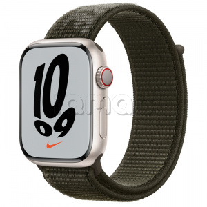 Купить Apple Watch Series 7 // 45мм GPS + Cellular // Корпус из алюминия цвета «сияющая звезда», спортивный браслет Nike цвета «рабочий хаки»