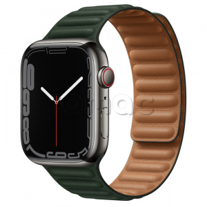 Купить Apple Watch Series 7 // 45мм GPS + Cellular // Корпус из нержавеющей стали графитового цвета, кожаный браслет цвета «зелёная секвойя», размер ремешка M/L