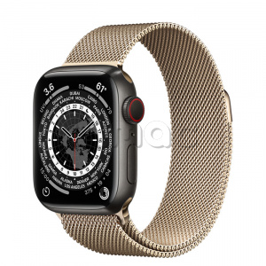 Купить Apple Watch Series 7 // 41мм GPS + Cellular // Корпус из титана цвета «черный космос», миланский сетчатый браслет золотого цвета