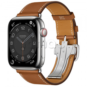 Купить Apple Watch Series 7 Hermès // 45мм GPS + Cellular // Корпус из нержавеющей стали серебристого цвета, ремешок Single Tour цвета Fauve с раскладывающейся застёжкой (Deployment Buckle)