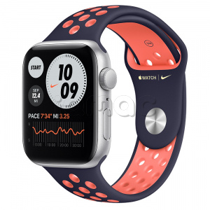 Купить Apple Watch SE // 44мм GPS // Корпус из алюминия серебристого цвета, спортивный ремешок Nike цвета «Полночный синий/манго» (2020)