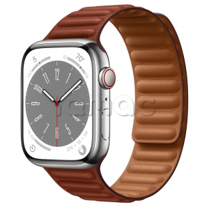 Купить Apple Watch Series 8 // 45мм GPS + Cellular // Корпус из нержавеющей стали серебристого цвета, кожаный браслет темно-коричневого цвета, размер ремешка M/L