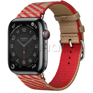 Купить Apple Watch Series 7 Hermès // 45мм GPS + Cellular // Корпус из нержавеющей стали цвета «черный космос», ремешок Hermès Simple Tour Jumping цвета Kraft/Rouge de Cœur