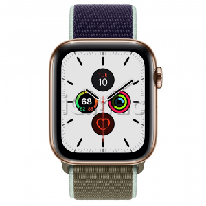 Apple Watch Series 5 // 44мм GPS + Cellular // Корпус из нержавеющей стали золотого цвета, спортивный браслет цвета «лесной хаки»