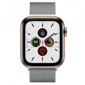 Купить Apple Watch Series 5 // 44мм GPS + Cellular // Корпус из нержавеющей стали золотого цвета, миланский сетчатый браслет серебристого цвета