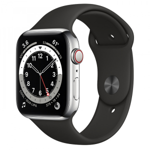 Apple Watch Series 6 // 44мм GPS + Cellular // Корпус из нержавеющей стали серебристого цвета, спортивный ремешок черного цвета