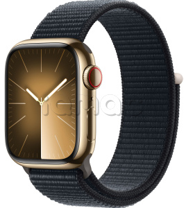 Купить Apple Watch Series 9 // 45мм GPS+Cellular // Корпус из нержавеющей стали золотого цвета, спортивный браслет цвета "темная ночь"