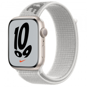 Apple Watch Series 7 // 45мм GPS // Корпус из алюминия цвета «сияющая звезда», спортивный браслет Nike цвета «снежная вершина»