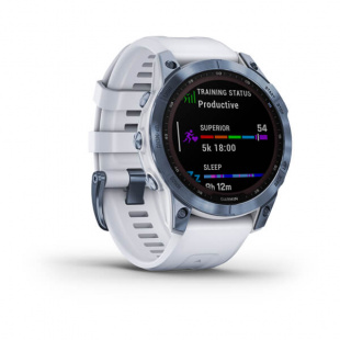 Мультиспортивные часы Garmin Fenix 7 (47mm) Sapphire Solar, титановый DLC корпус цвета "синий минерал", белый силиконовый ремешок