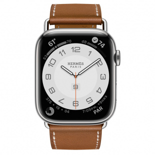Apple Watch Series 7 Hermès // 45мм GPS + Cellular // Корпус из нержавеющей стали серебристого цвета, ремешок Single Tour Attelage из кожи Barénia цвета Fauve