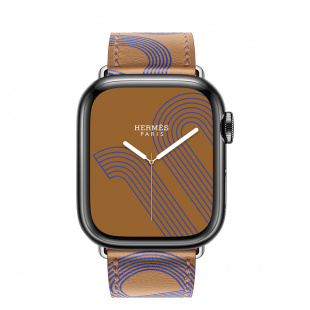 Apple Watch Series 7 Hermès // 45мм GPS + Cellular // Корпус из нержавеющей стали цвета «черный космос», ремешок Single Tour Circuit H цвета Biscuit/Bleu Électrique