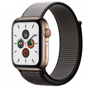 Apple Watch Series 5 // 44мм GPS + Cellular // Корпус из нержавеющей стали золотого цвета, спортивный браслет цвета «тёмный графит»