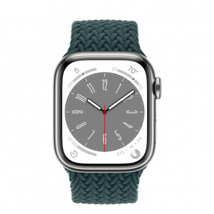 Apple Watch Series 8 // 45мм GPS + Cellular // Корпус из нержавеющей стали серебристого цвета, плетёный монобраслет цвета "тропический лес"