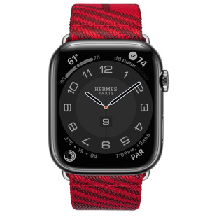 Apple Watch Series 7 Hermès // 45мм GPS + Cellular // Корпус из нержавеющей стали цвета «черный космос», ремешок Hermès Simple Tour Jumping цвета Rouge de Cœur/Rouge H