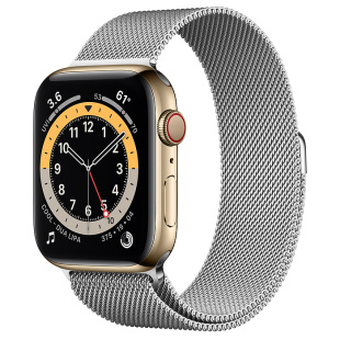 Apple Watch Series 6 // 44мм GPS + Cellular // Корпус из нержавеющей стали золотого цвета, миланский сетчатый браслет серебристого цвета