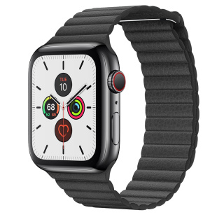 Apple Watch Series 5 // 44мм GPS + Cellular // Корпус из нержавеющей стали цвета «серый космос», кожаный ремешок черного цвета, размер ремешка L