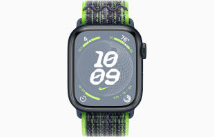 Apple Watch Series 9 // 41мм GPS+Cellular // Корпус из алюминия цвета "темная ночь", спортивный браслет Nike цвета "ярко-зеленый/синий"