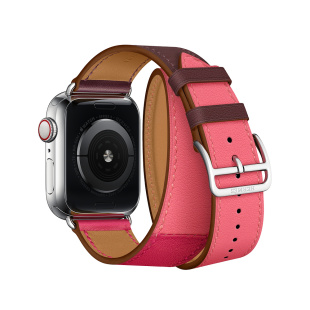 38/40 мм Ремешок Hermès Double Tour из кожи Swift цвета Bordeaux/Rose Extrême/Rose Azalée для Apple Watch Hermès