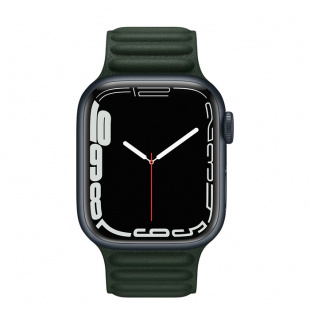 Apple Watch Series 7 // 41мм GPS // Корпус из алюминия цвета «тёмная ночь», кожаный браслет цвета «зелёная секвойя», размер ремешка M/L