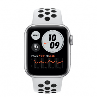 Apple Watch Series 6 // 44мм GPS // Корпус из алюминия серебристого цвета, спортивный ремешок Nike цвета «Чистая платина/чёрный»