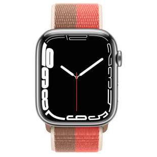 Apple Watch Series 7 // 45мм GPS + Cellular // Корпус из нержавеющей стали серебристого цвета, спортивный браслет цвета «розовый помело/миндальный»