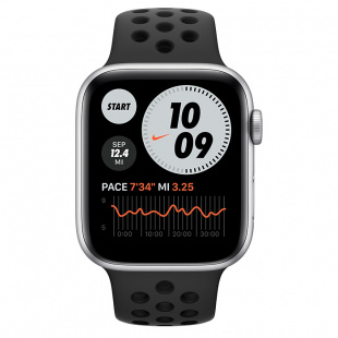 Apple Watch SE // 44мм GPS + Cellular // Корпус из алюминия серебристого цвета, спортивный ремешок Nike цвета «Антрацитовый/чёрный» (2020)