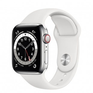 Apple Watch Series 6 // 44мм GPS + Cellular // Корпус из нержавеющей стали серебристого цвета, спортивный ремешок белого цвета