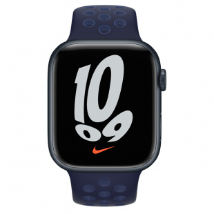 Apple Watch Series 7 // 45мм GPS // Корпус из алюминия цвета «тёмная ночь», спортивный ремешок Nike цвета «ночной ультрамарин/мистический ультрамарин»