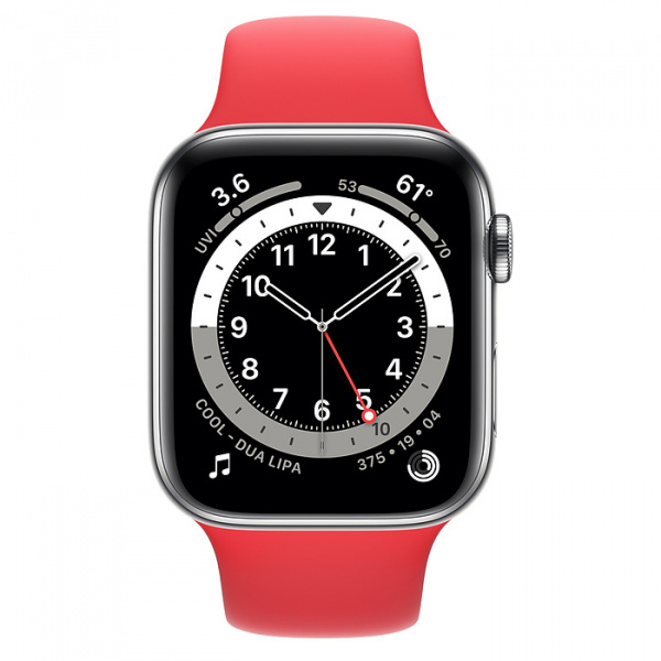 Silver apple watch with red band top