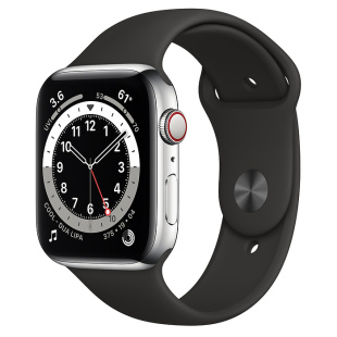 Apple Watch Series 6 // 40мм GPS + Cellular // Корпус из нержавеющей стали серебристого цвета, спортивный ремешок черного цвета