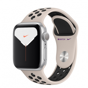 Apple Watch Series 5 // 40мм GPS // Корпус из алюминия серебристого цвета, спортивный ремешок Nike цвета «песчаная пустыня/чёрный»