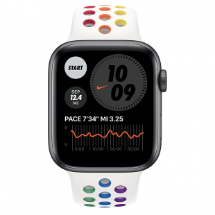 Apple Watch SE // 44мм GPS + Cellular // Корпус из алюминия цвета «серый космос», спортивный ремешок Nike радужного цвета (2020)