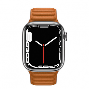 Apple Watch Series 7 // 41мм GPS + Cellular // Корпус из нержавеющей стали серебристого цвета, кожаный браслет цвета «золотистая охра», размер ремешка M/L