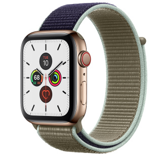 Apple Watch Series 5 // 44мм GPS + Cellular // Корпус из нержавеющей стали золотого цвета, спортивный браслет цвета «лесной хаки»