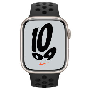 Apple Watch Series 7 // 41мм GPS + Cellular // Корпус из алюминия цвета «сияющая звезда», спортивный ремешок Nike цвета «антрацитовый/чёрный»