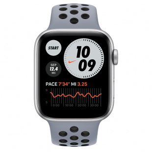 Apple Watch SE // 44мм GPS + Cellular // Корпус из алюминия серебристого цвета, спортивный ремешок Nike цвета «Дымчатый серый/чёрный» (2020)