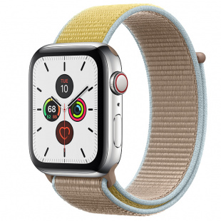 Apple Watch Series 5 // 44мм GPS + Cellular // Корпус из нержавеющей стали, спортивный браслет цвета «верблюжья шерсть»