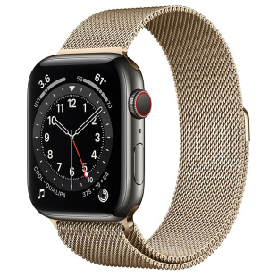 Apple Watch Series 6 // 44мм GPS + Cellular // Корпус из нержавеющей стали графитового цвета, миланский сетчатый браслет золотого цвета