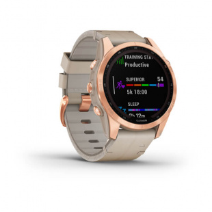 Мультиспортивные часы Garmin Fenix 7S (42mm) Sapphire Solar, титановый корпус цвета "розовое золото", песчаный кожаный ремешок