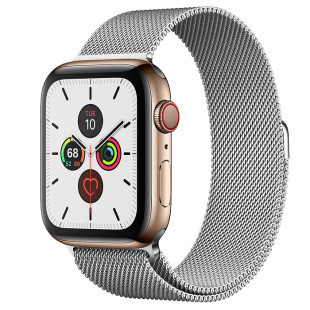 Apple Watch Series 5 // 40мм GPS + Cellular // Корпус из нержавеющей стали золотого цвета, миланский сетчатый браслет серебристого цвета