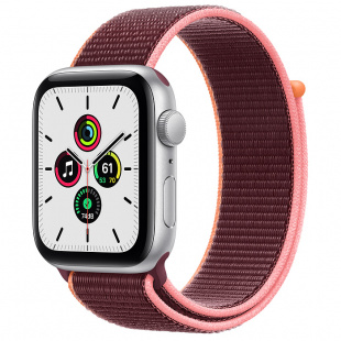 Apple Watch SE // 44мм GPS // Корпус из алюминия серебристого цвета, спортивный браслет сливового цвета (2020)