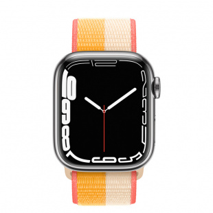 Apple Watch Series 7 // 45мм GPS + Cellular // Корпус из нержавеющей стали серебристого цвета, спортивный браслет цвета «спелый маис/белый»