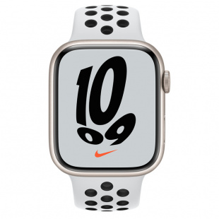 Apple Watch Series 7 // 41мм GPS // Корпус из алюминия цвета «сияющая звезда», спортивный ремешок Nike цвета «чистая платина/чёрный»