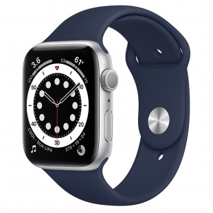 Apple Watch Series 6 // 44мм GPS // Корпус из алюминия серебристого цвета, спортивный ремешок цвета «Тёмный ультрамарин»