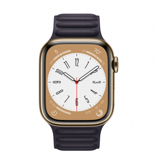 Apple Watch Series 8 // 45мм GPS + Cellular // Корпус из нержавеющей стали золотого цвета, кожаный браслет чернильного цвета, размер ремешка M/L