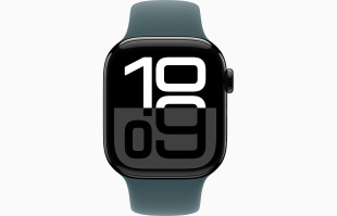Apple Watch Series 10 // 46мм GPS // Черный глянцевый корпус из алюминия, спортивный ремешок цвета "зеленое озеро"
