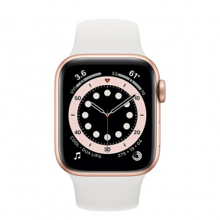 Apple Watch Series 6 // 44мм GPS // Корпус из алюминия золотого цвета, спортивный ремешок белого цвета
