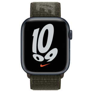 Apple Watch Series 7 // 41мм GPS // Корпус из алюминия цвета «тёмная ночь», спортивный браслет Nike цвета «рабочий хаки»
